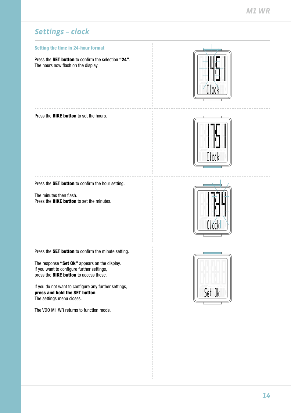 14 m1 wr, Settings – clock | VDO M1WR User Manual | Page 14 / 23