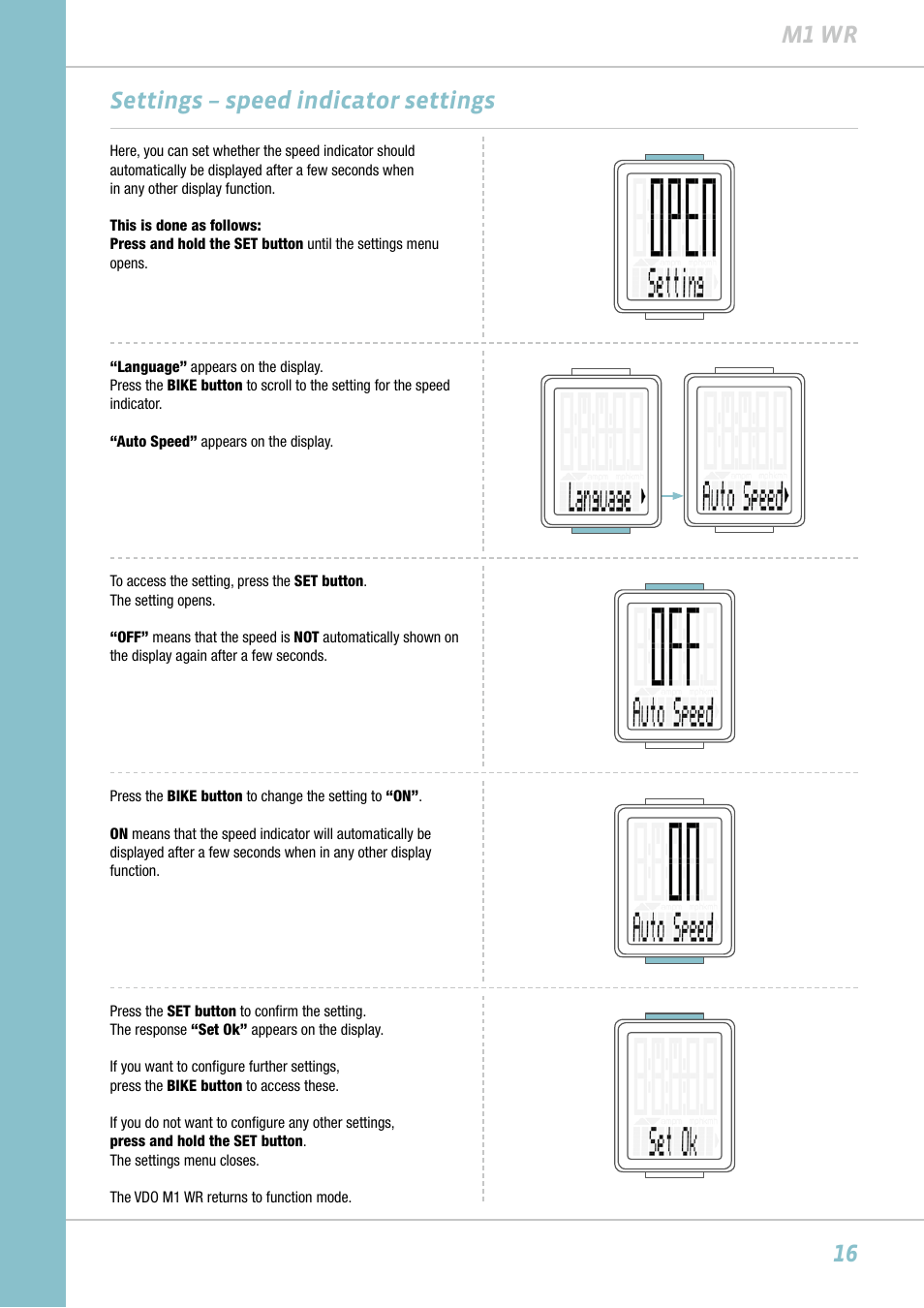 16 m1 wr, Settings – speed indicator settings | VDO M1WR User Manual | Page 16 / 23