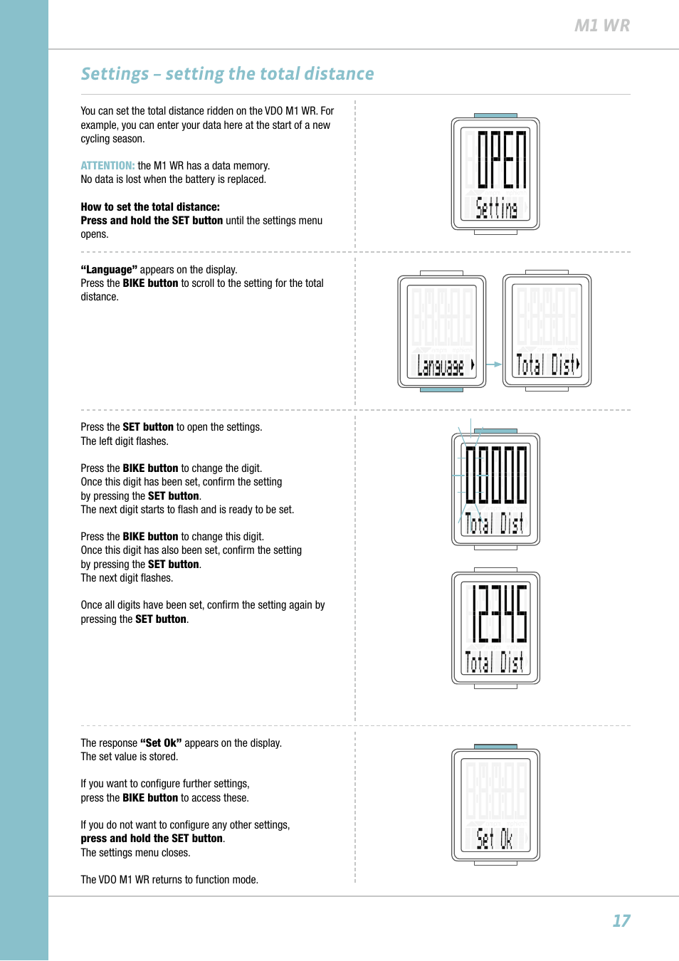 17 m1 wr, Settings – setting the total distance | VDO M1WR User Manual | Page 17 / 23