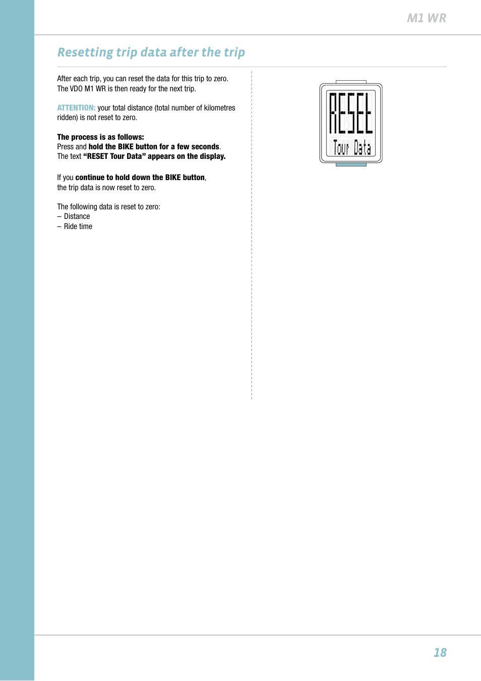 18 m1 wr resetting trip data after the trip | VDO M1WR User Manual | Page 18 / 23