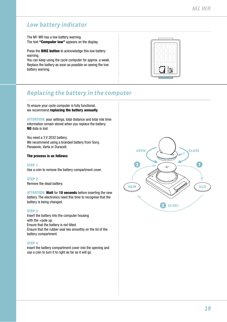 19 m1 wr, Low battery indicator, Replacing the battery in the computer | VDO M1WR User Manual | Page 19 / 23