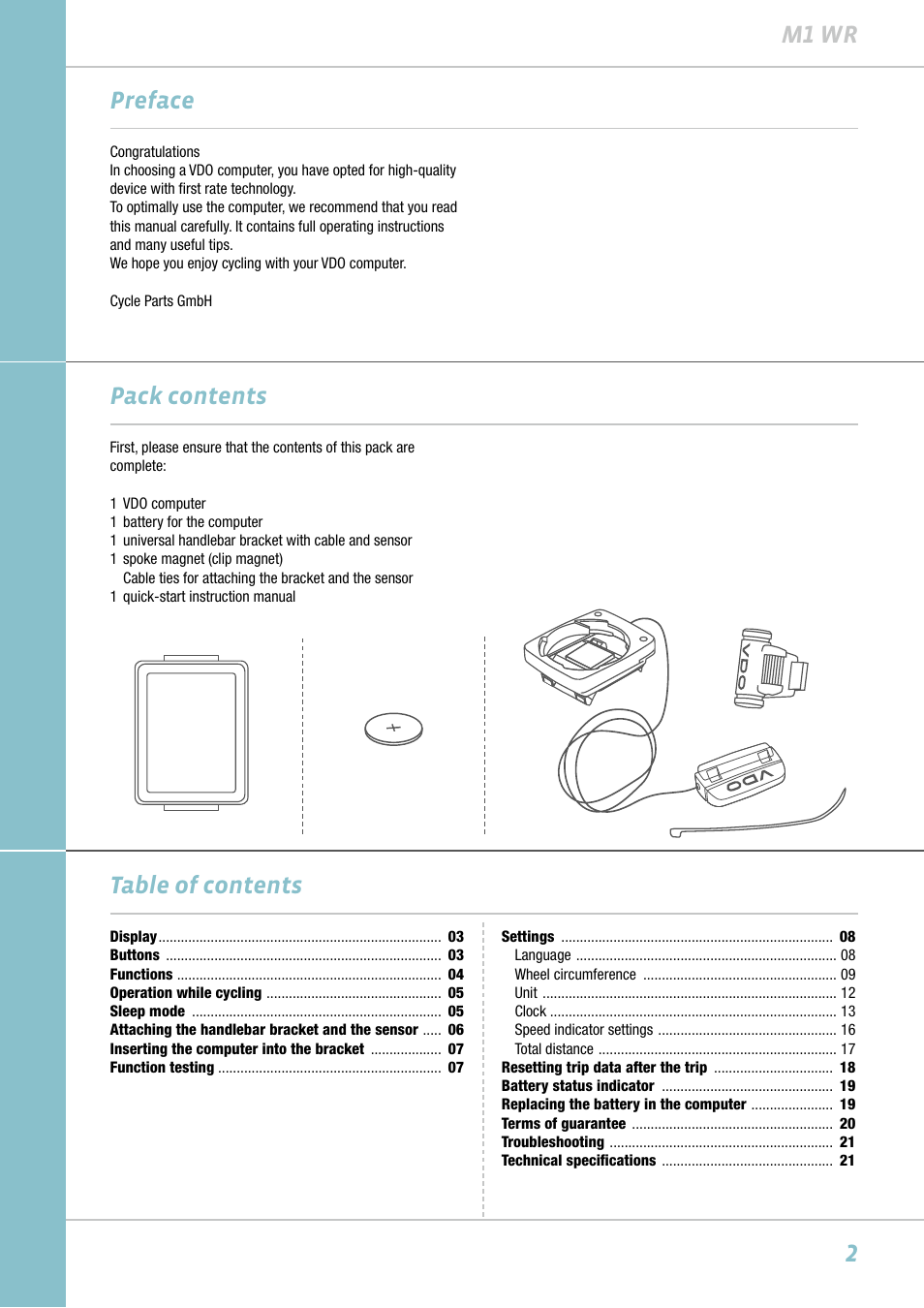 2m1 wr preface pack contents table of contents | VDO M1WR User Manual | Page 2 / 23