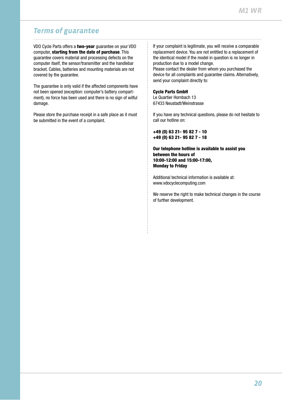 20 m1 wr terms of guarantee | VDO M1WR User Manual | Page 20 / 23