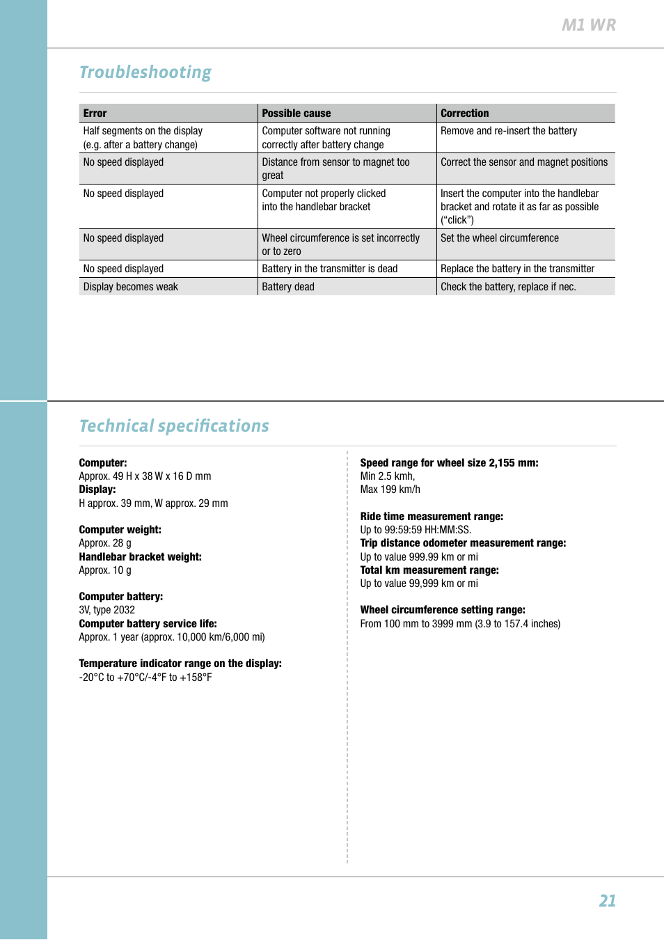 21 m1 wr troubleshooting, Technical specifications | VDO M1WR User Manual | Page 21 / 23