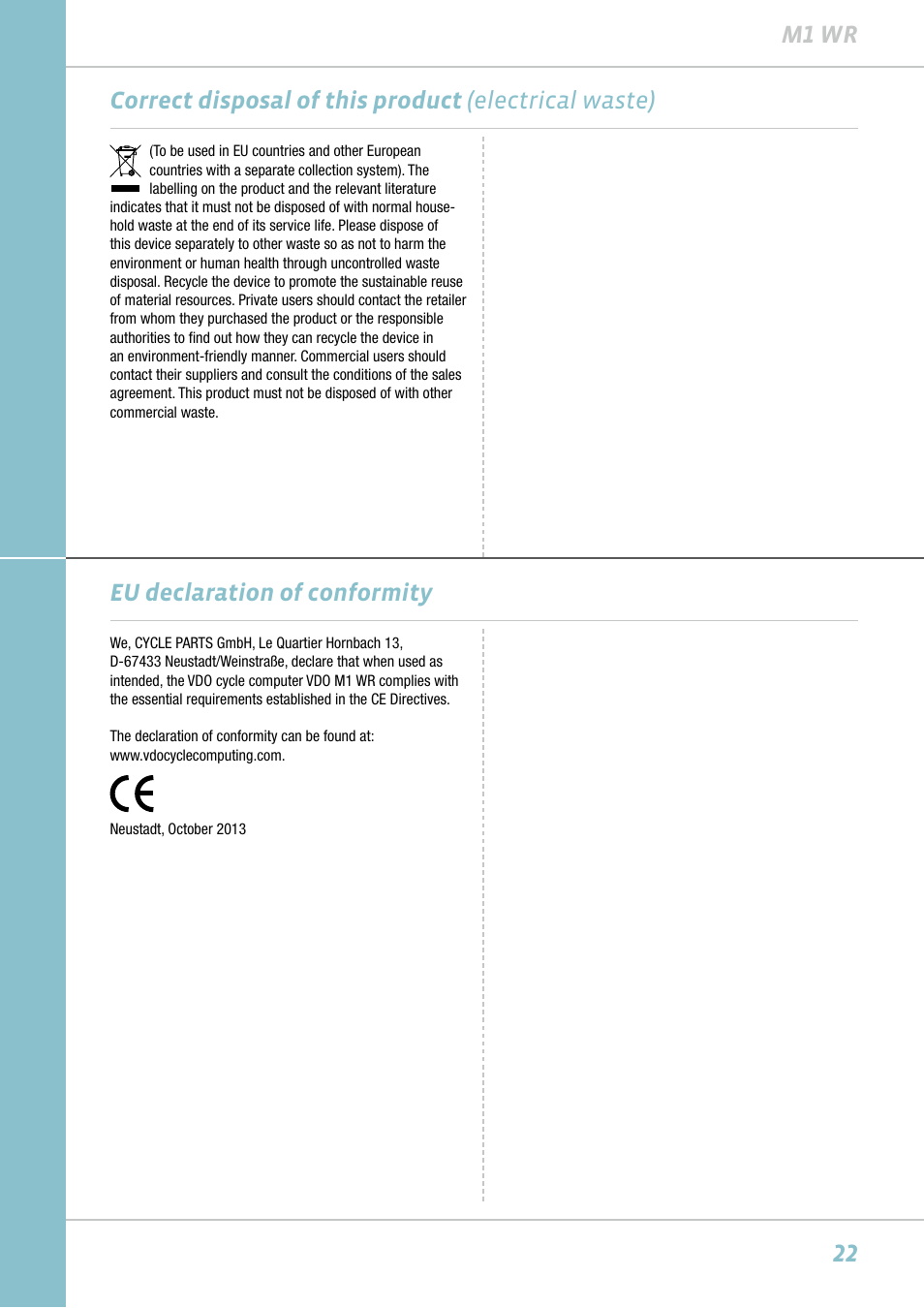 Eu declaration of conformity | VDO M1WR User Manual | Page 22 / 23