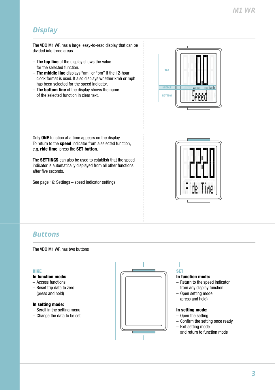 3m1 wr display, Buttons | VDO M1WR User Manual | Page 3 / 23