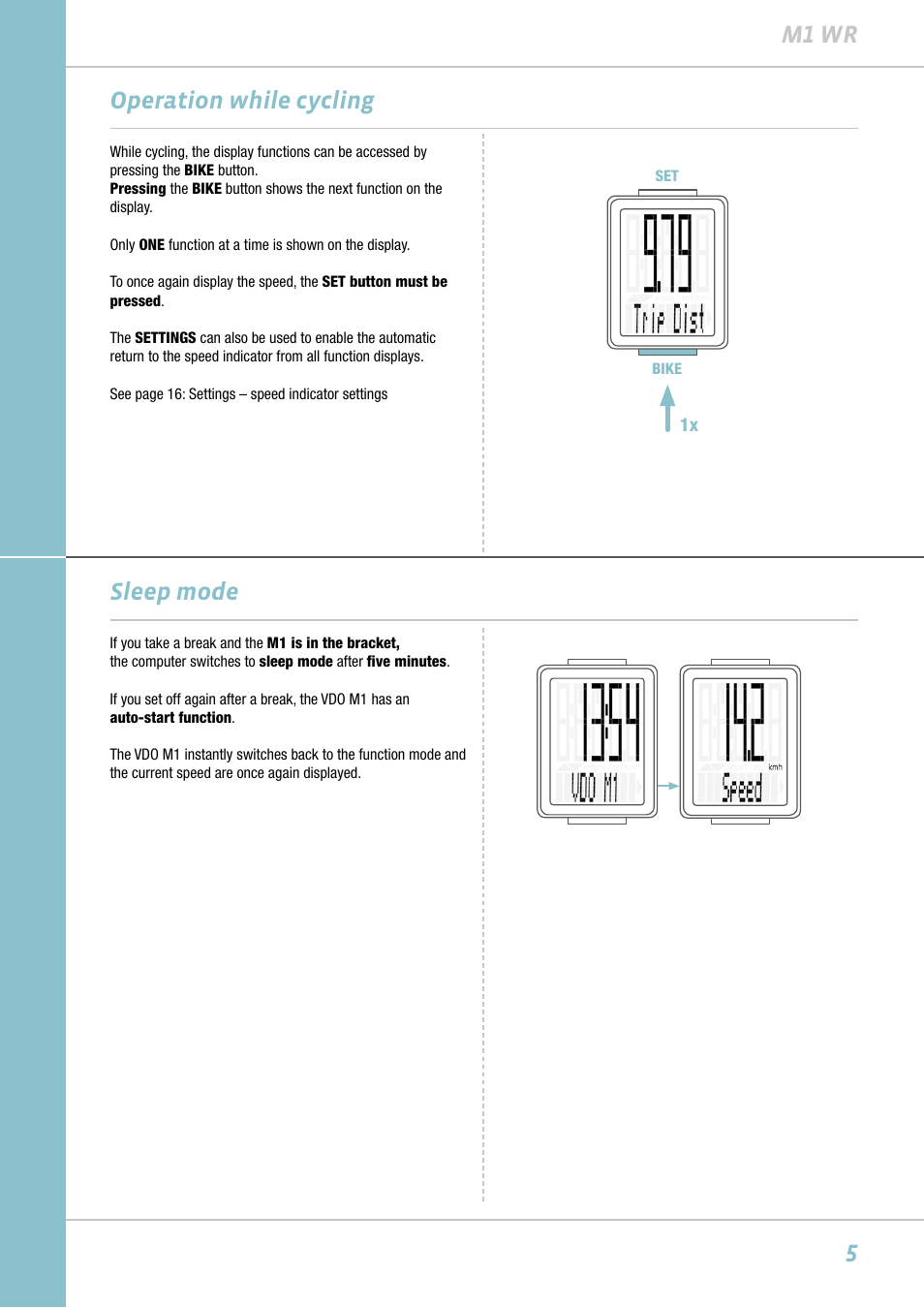 5m1 wr, Operation while cycling, Sleep mode | VDO M1WR User Manual | Page 5 / 23