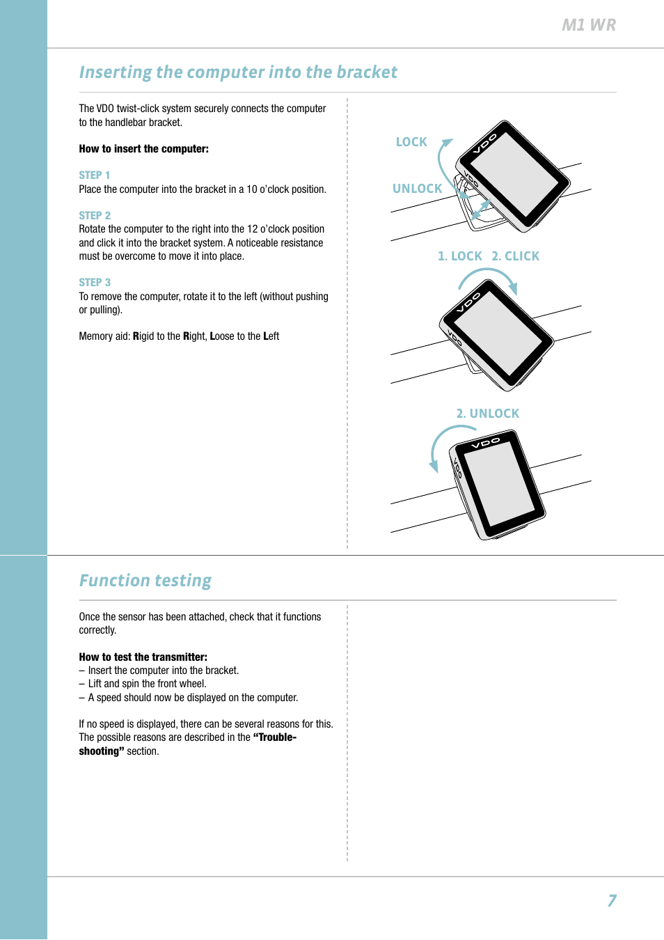 7m1 wr, Inserting the computer into the bracket, Function testing | VDO M1WR User Manual | Page 7 / 23