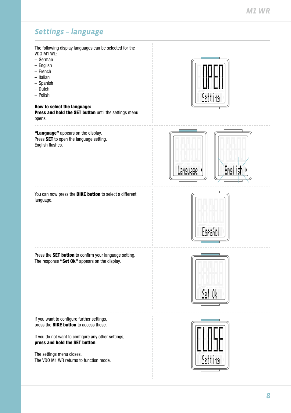 8m1 wr settings – language | VDO M1WR User Manual | Page 8 / 23