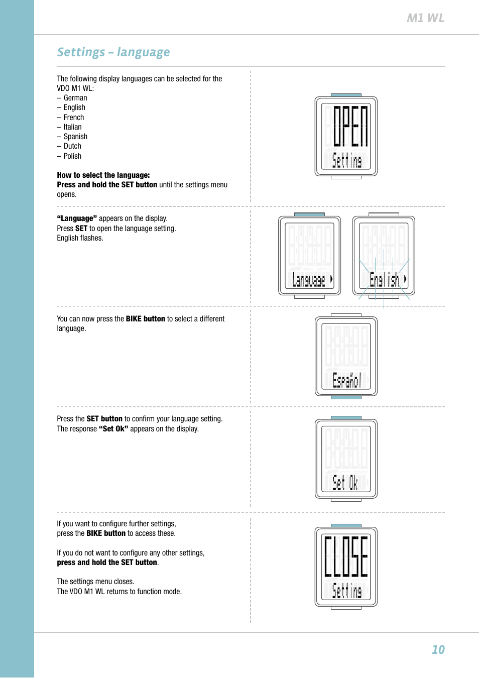 10 m1 wl settings – language | VDO M1WL User Manual | Page 10 / 26
