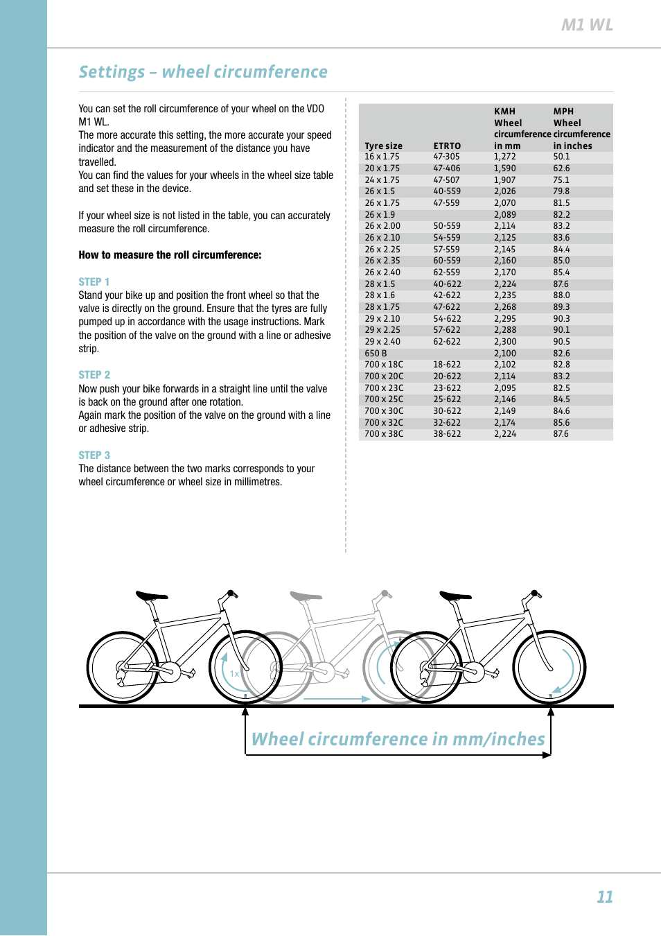 Wheel circumference in mm/inches, 11 m1 wl, Settings – wheel circumference | VDO M1WL User Manual | Page 11 / 26