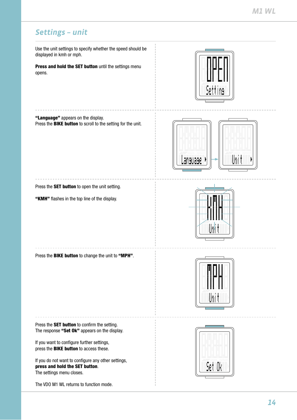 14 m1 wl, Settings – unit | VDO M1WL User Manual | Page 14 / 26