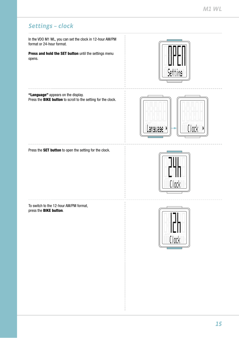 15 m1 wl, Settings – clock | VDO M1WL User Manual | Page 15 / 26