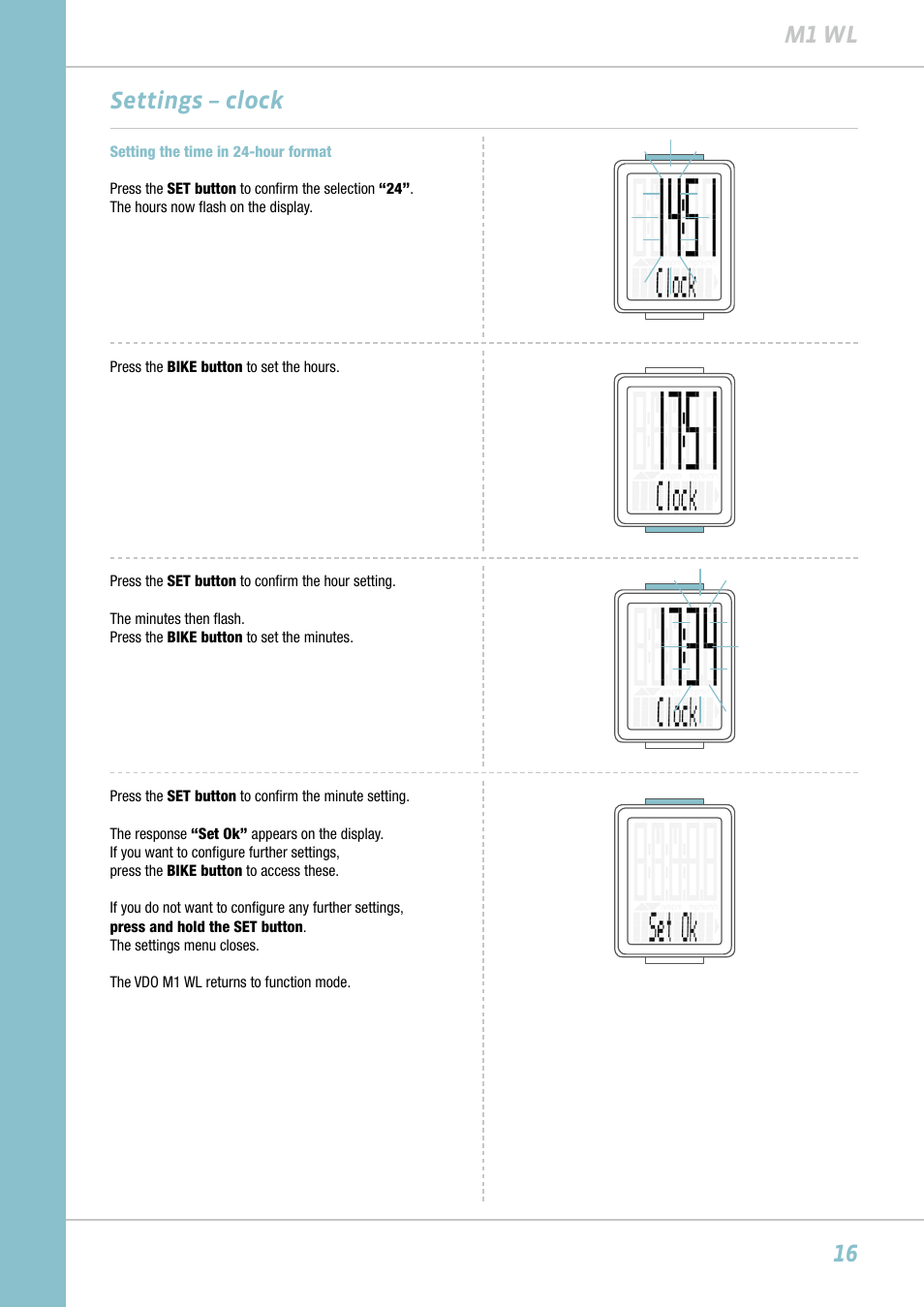 16 m1 wl, Settings – clock | VDO M1WL User Manual | Page 16 / 26