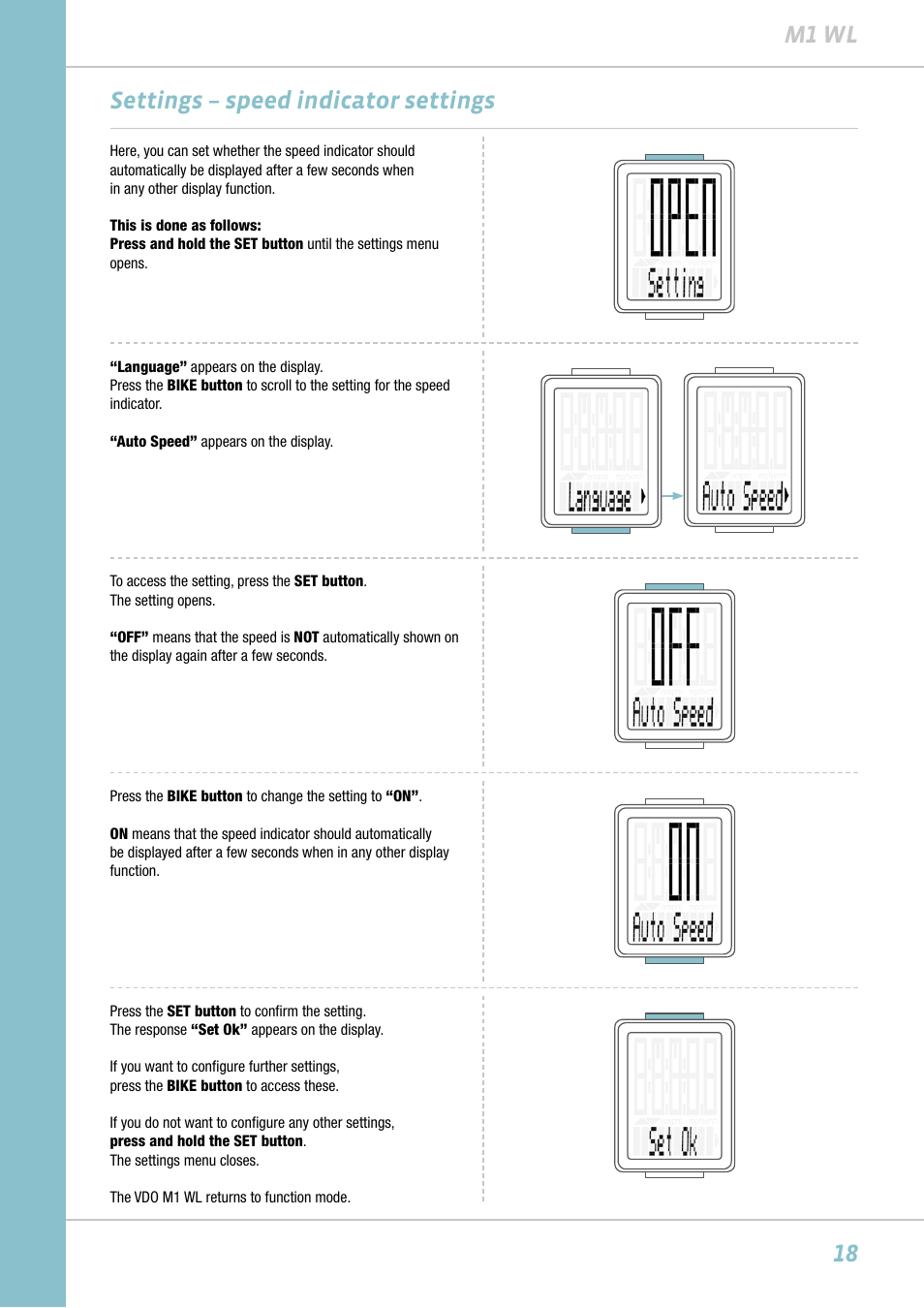 18 m1 wl, Settings – speed indicator settings | VDO M1WL User Manual | Page 18 / 26