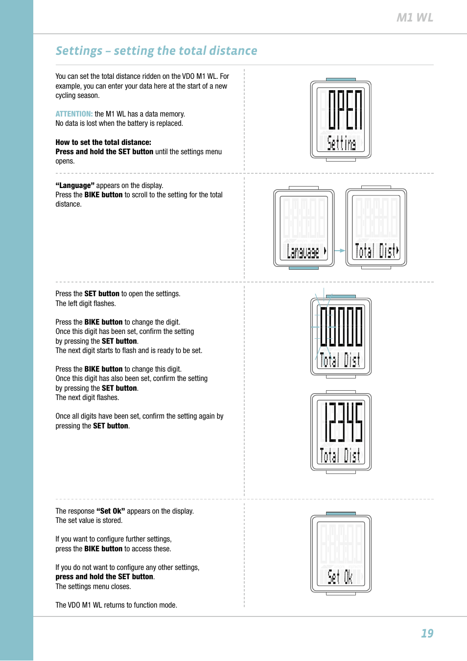 19 m1 wl, Settings – setting the total distance | VDO M1WL User Manual | Page 19 / 26