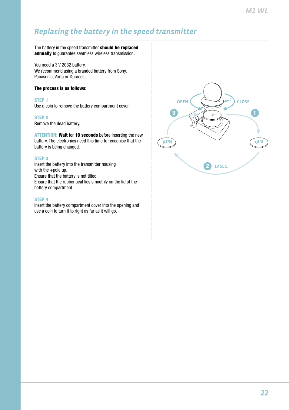22 m1 wl, Replacing the battery in the speed transmitter | VDO M1WL User Manual | Page 22 / 26