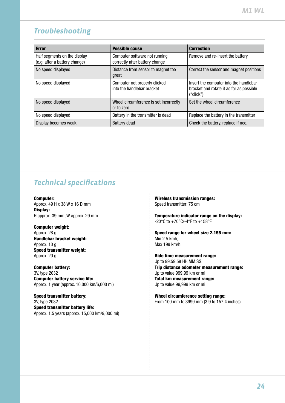 24 m1 wl troubleshooting, Technical specifications | VDO M1WL User Manual | Page 24 / 26