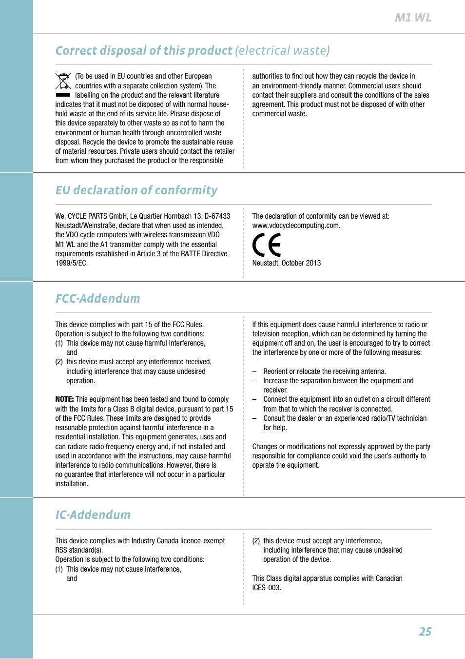 Eu declaration of conformity, Fcc-addendum ic-addendum | VDO M1WL User Manual | Page 25 / 26