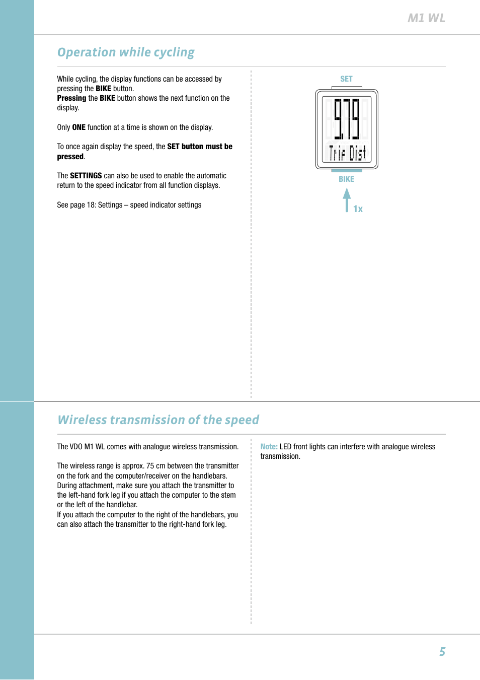 5m1 wl, Operation while cycling, Wireless transmission of the speed | VDO M1WL User Manual | Page 5 / 26