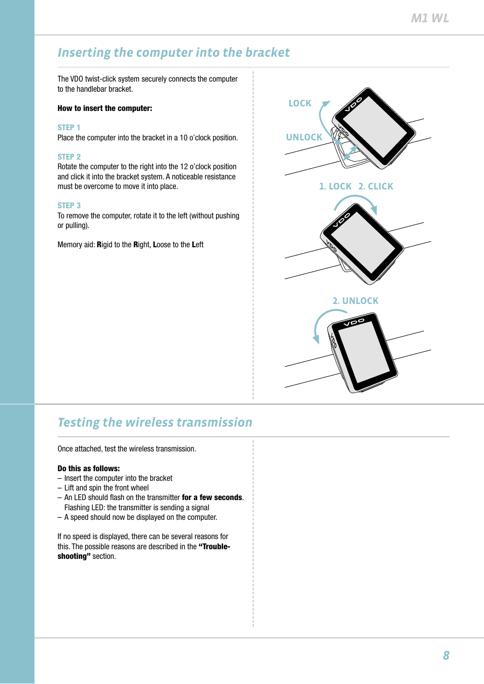 8m1 wl, Inserting the computer into the bracket, Testing the wireless transmission | VDO M1WL User Manual | Page 8 / 26