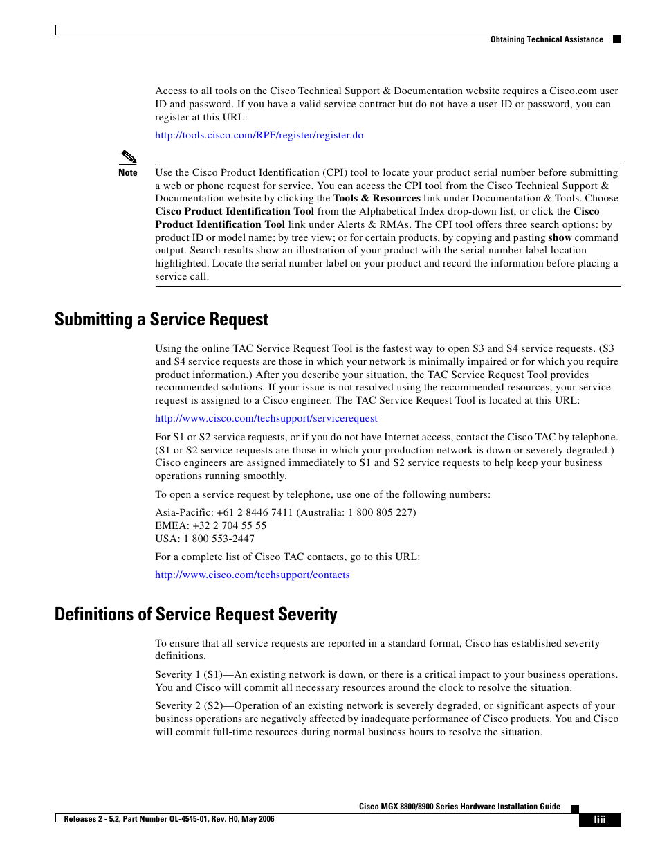 Submitting a service request, Definitions of service request severity | Cisco 8800 User Manual | Page 21 / 24