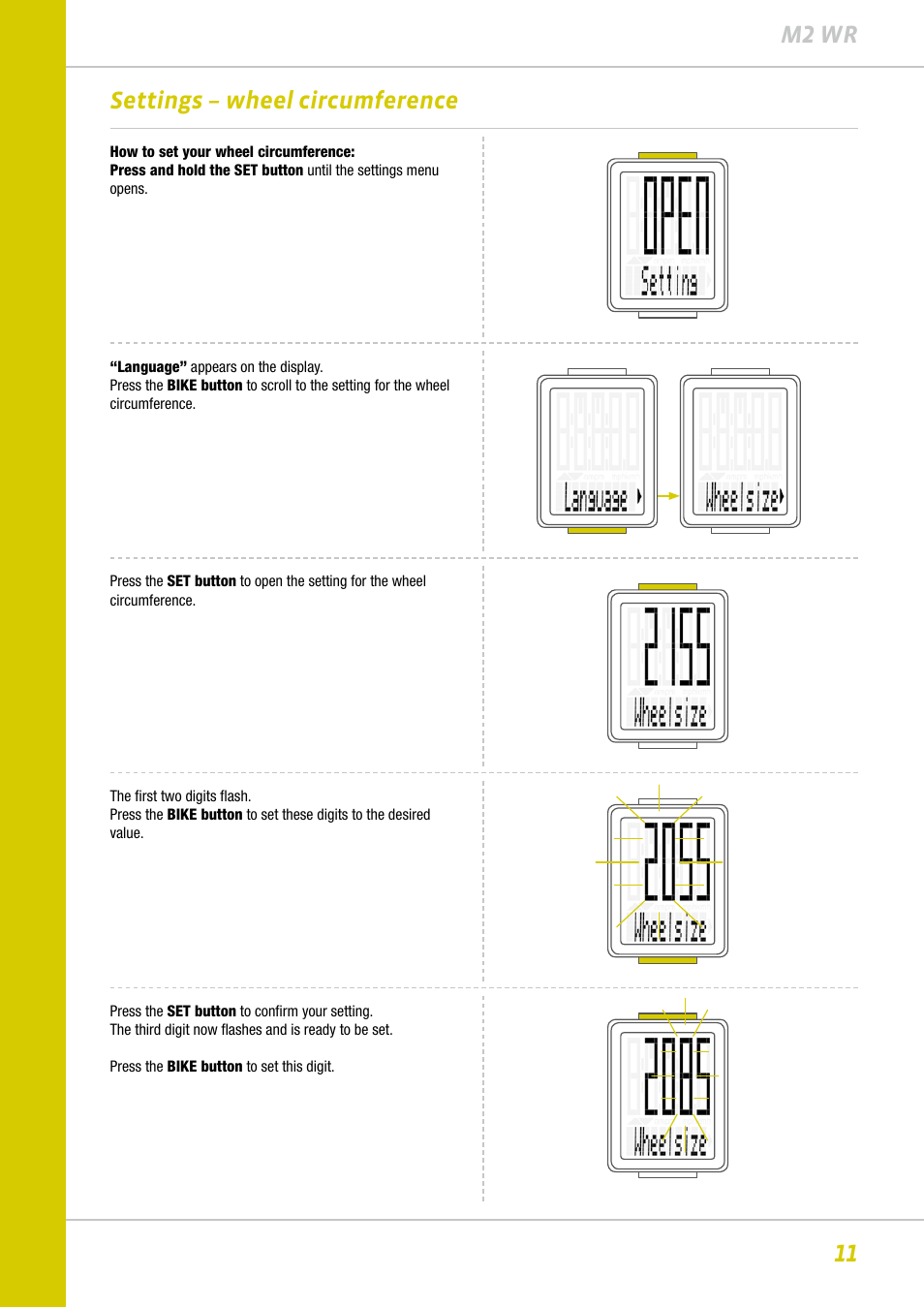 11 m2 wr, Settings – wheel circumference | VDO M2WR User Manual | Page 11 / 26