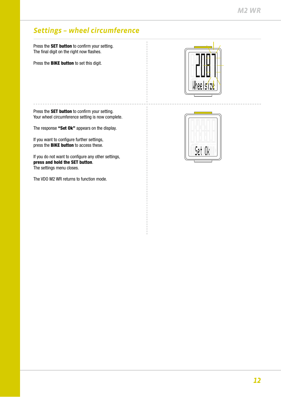 12 m2 wr, Settings – wheel circumference | VDO M2WR User Manual | Page 12 / 26