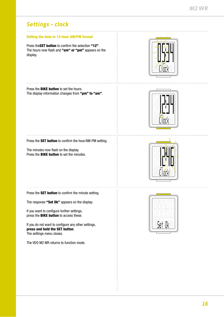 16 m2 wr, Settings – clock | VDO M2WR User Manual | Page 16 / 26