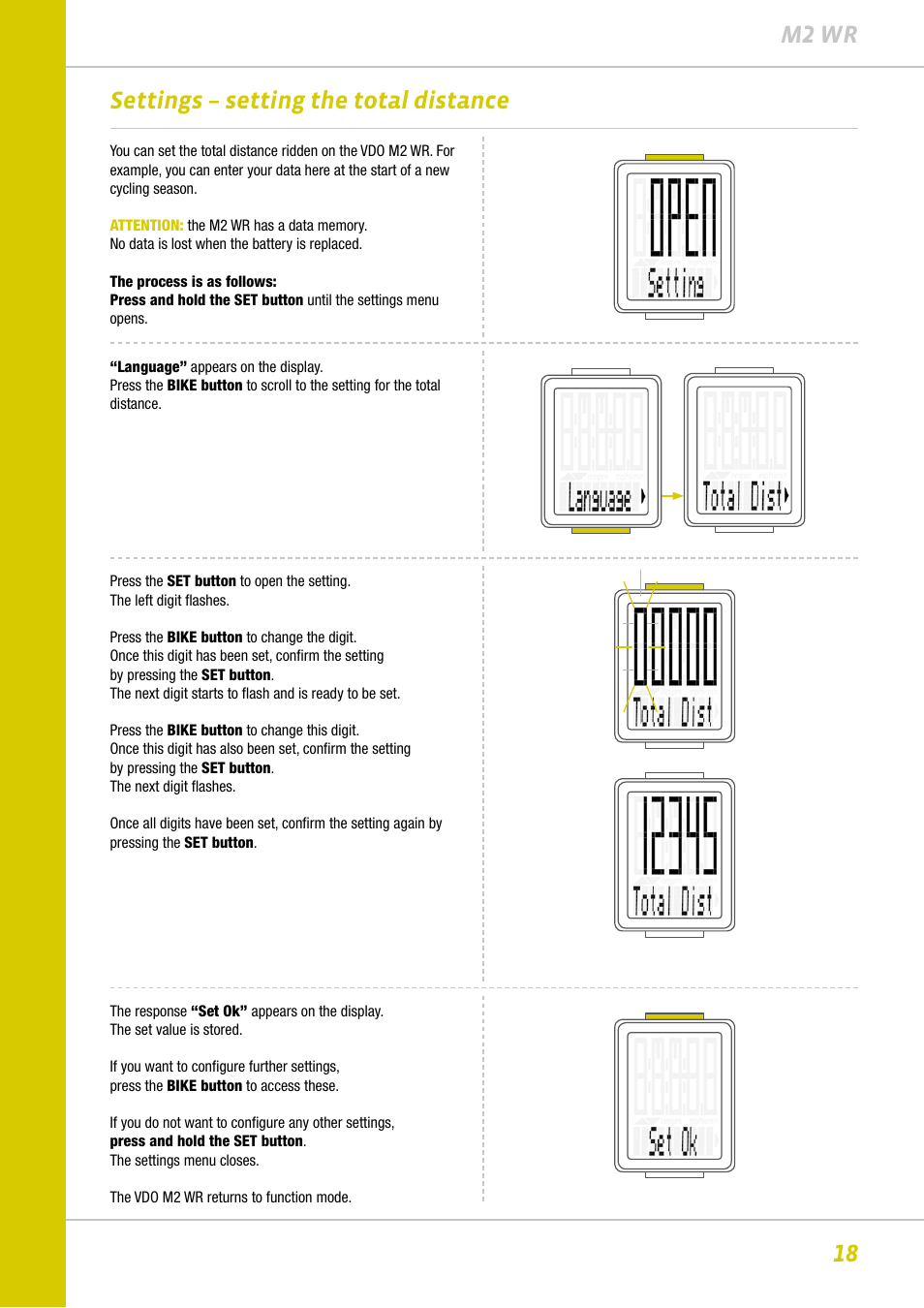 18 m2 wr, Settings – setting the total distance | VDO M2WR User Manual | Page 18 / 26