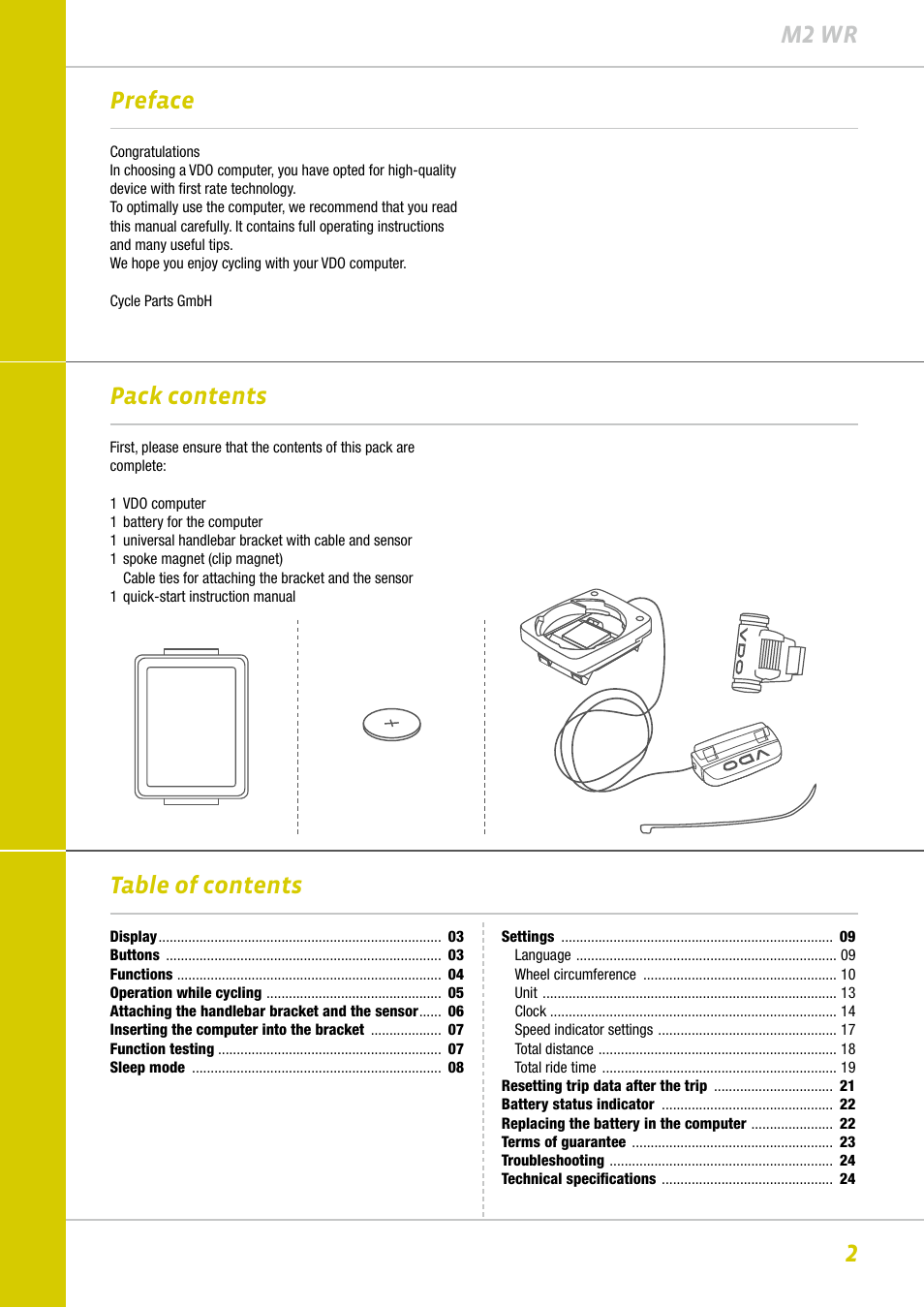 2m2 wr preface pack contents table of contents | VDO M2WR User Manual | Page 2 / 26