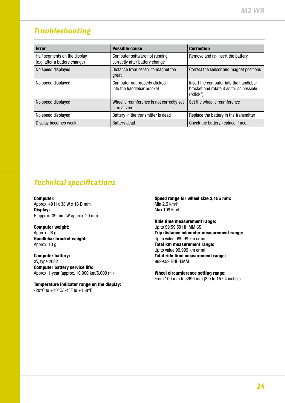 24 m2 wr troubleshooting, Technical specifications | VDO M2WR User Manual | Page 24 / 26