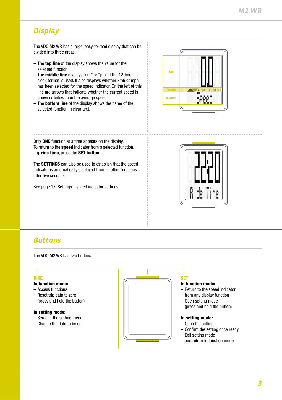 3m2 wr display, Buttons | VDO M2WR User Manual | Page 3 / 26