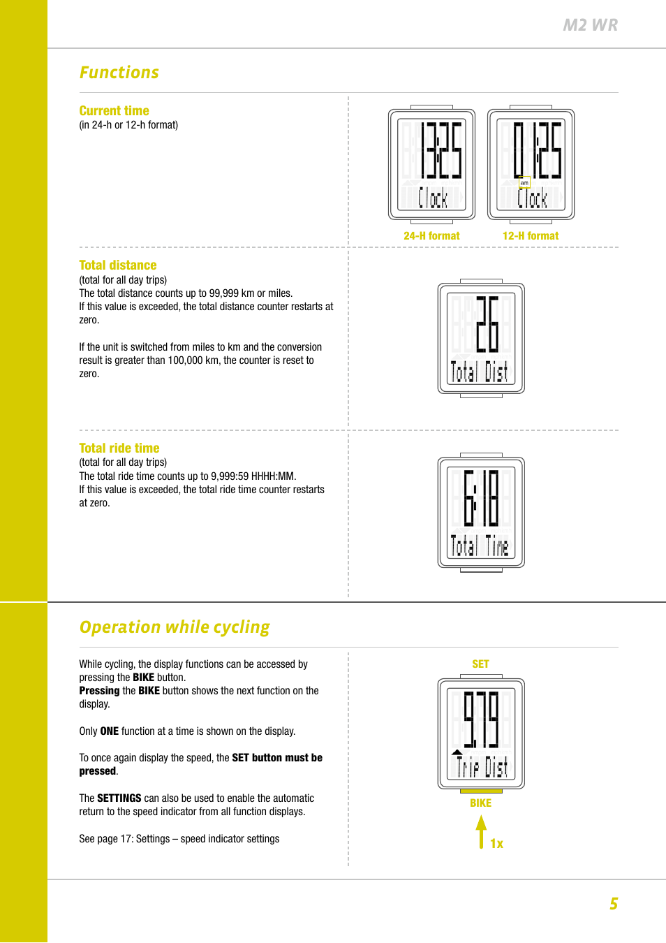 5m2 wr, Functions, Operation while cycling | VDO M2WR User Manual | Page 5 / 26