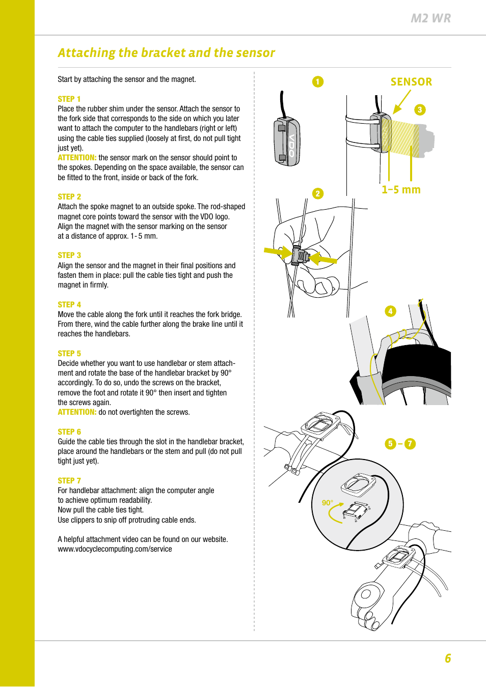 6m2 wr, Attaching the bracket and the sensor, 1–5 mm | Sensor | VDO M2WR User Manual | Page 6 / 26