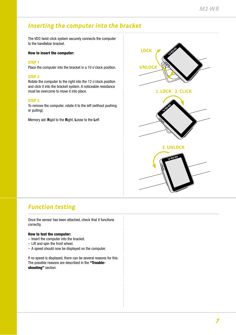 7m2 wr, Inserting the computer into the bracket, Function testing | VDO M2WR User Manual | Page 7 / 26