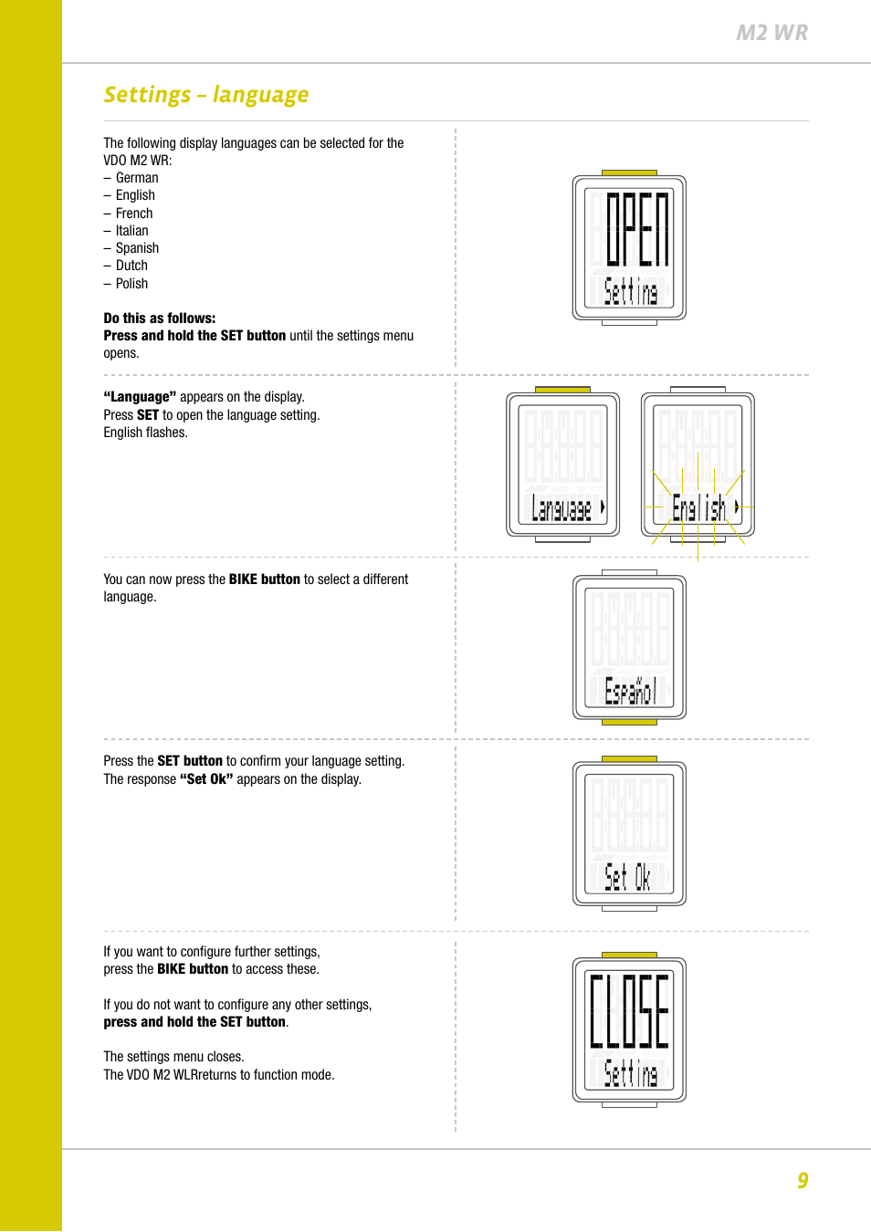 9m2 wr settings – language | VDO M2WR User Manual | Page 9 / 26