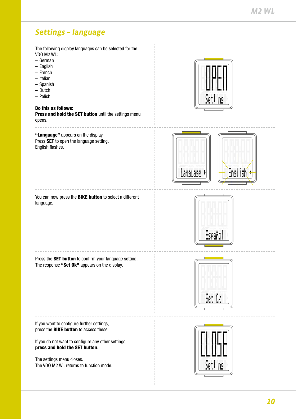 10 m2 wl settings – language | VDO M2WL User Manual | Page 10 / 28