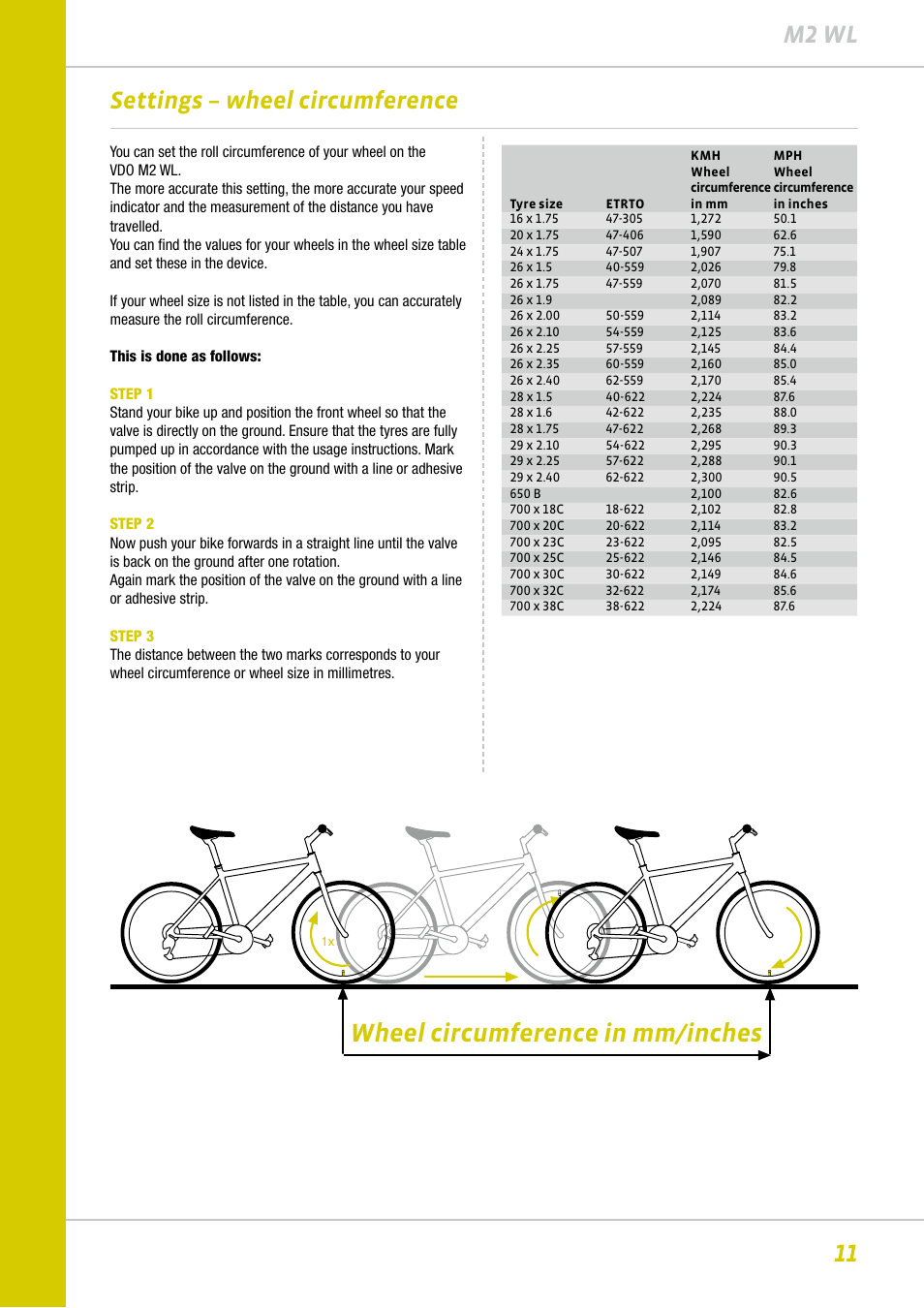 Wheel circumference in mm/inches, 11 m2 wl, Settings – wheel circumference | VDO M2WL User Manual | Page 11 / 28