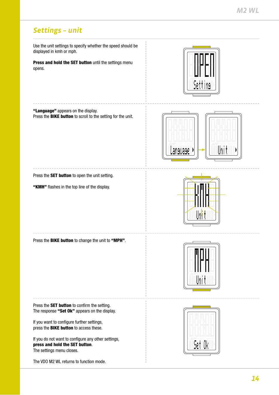 14 m2 wl, Settings – unit | VDO M2WL User Manual | Page 14 / 28