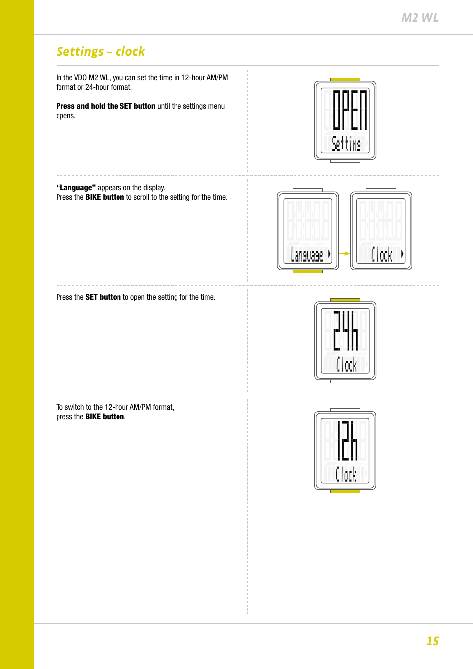15 m2 wl, Settings – clock | VDO M2WL User Manual | Page 15 / 28