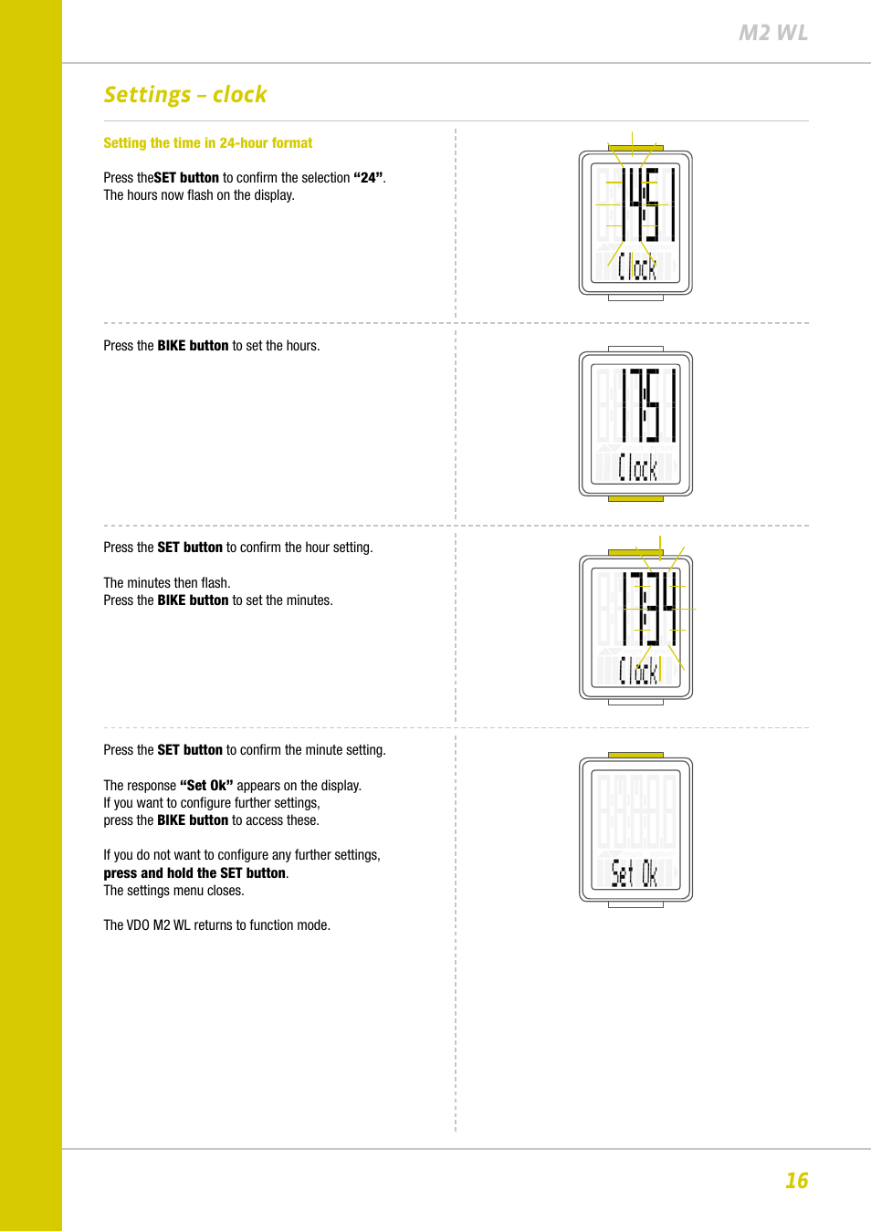 16 m2 wl, Settings – clock | VDO M2WL User Manual | Page 16 / 28