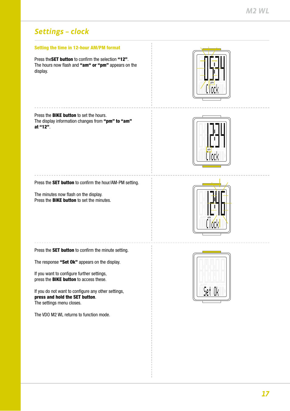 17 m2 wl, Settings – clock | VDO M2WL User Manual | Page 17 / 28