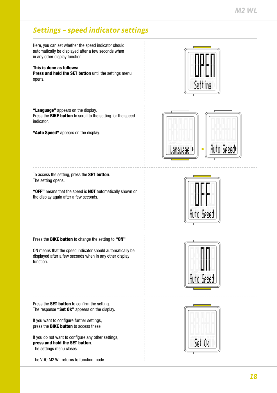 18 m2 wl, Settings – speed indicator settings | VDO M2WL User Manual | Page 18 / 28
