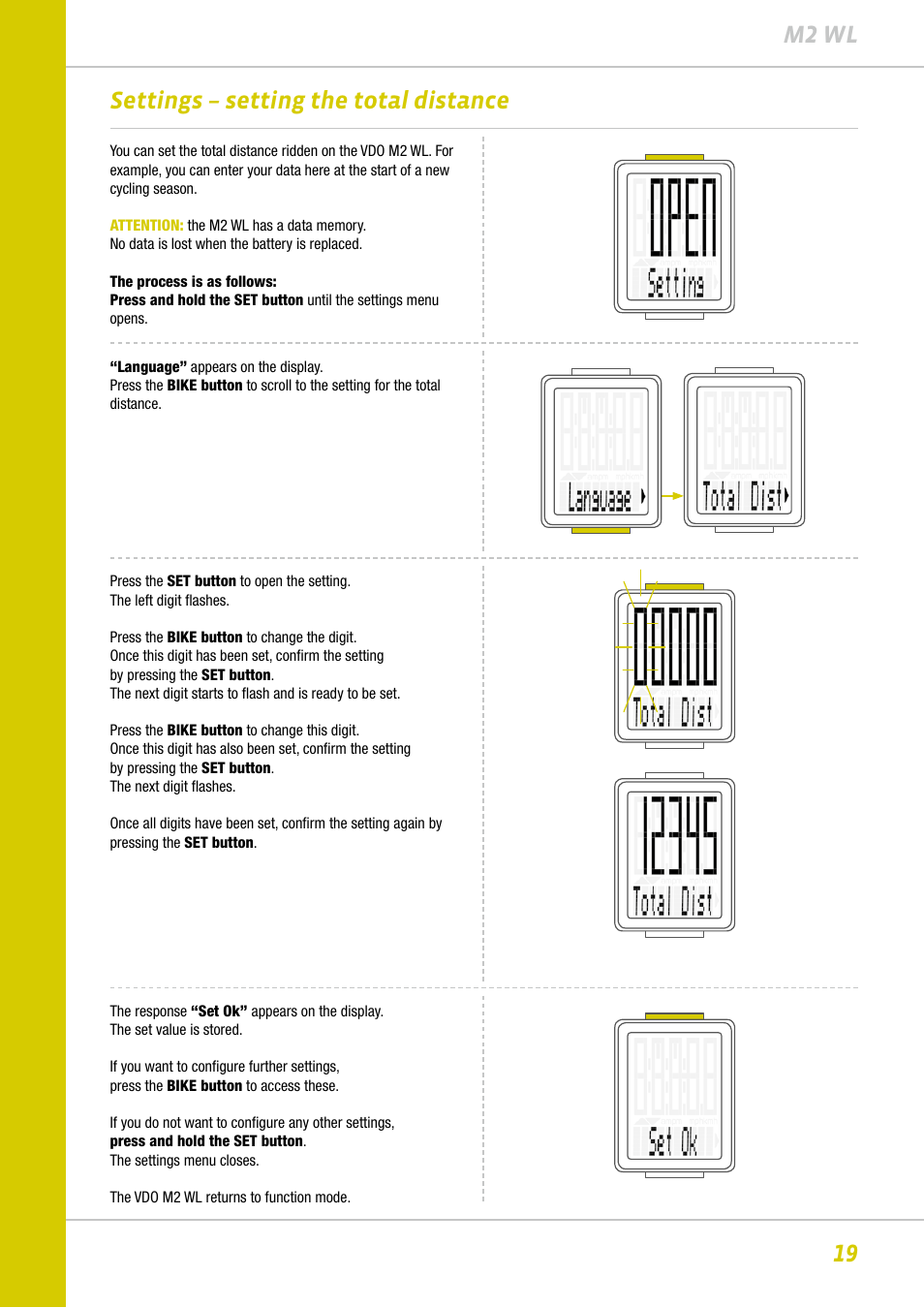 19 m2 wl, Settings – setting the total distance | VDO M2WL User Manual | Page 19 / 28