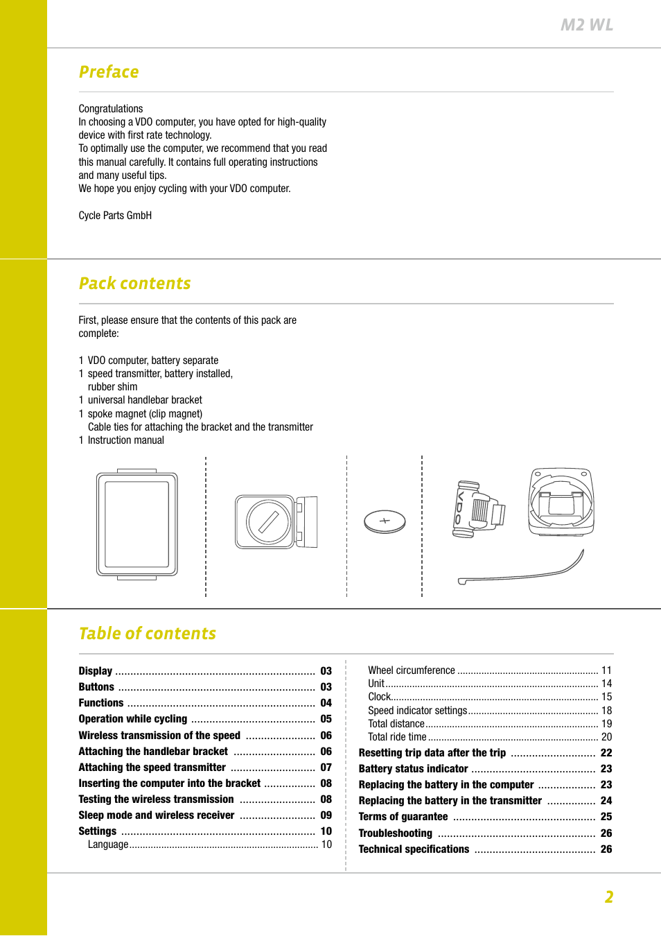 2m2 wl preface pack contents table of contents | VDO M2WL User Manual | Page 2 / 28