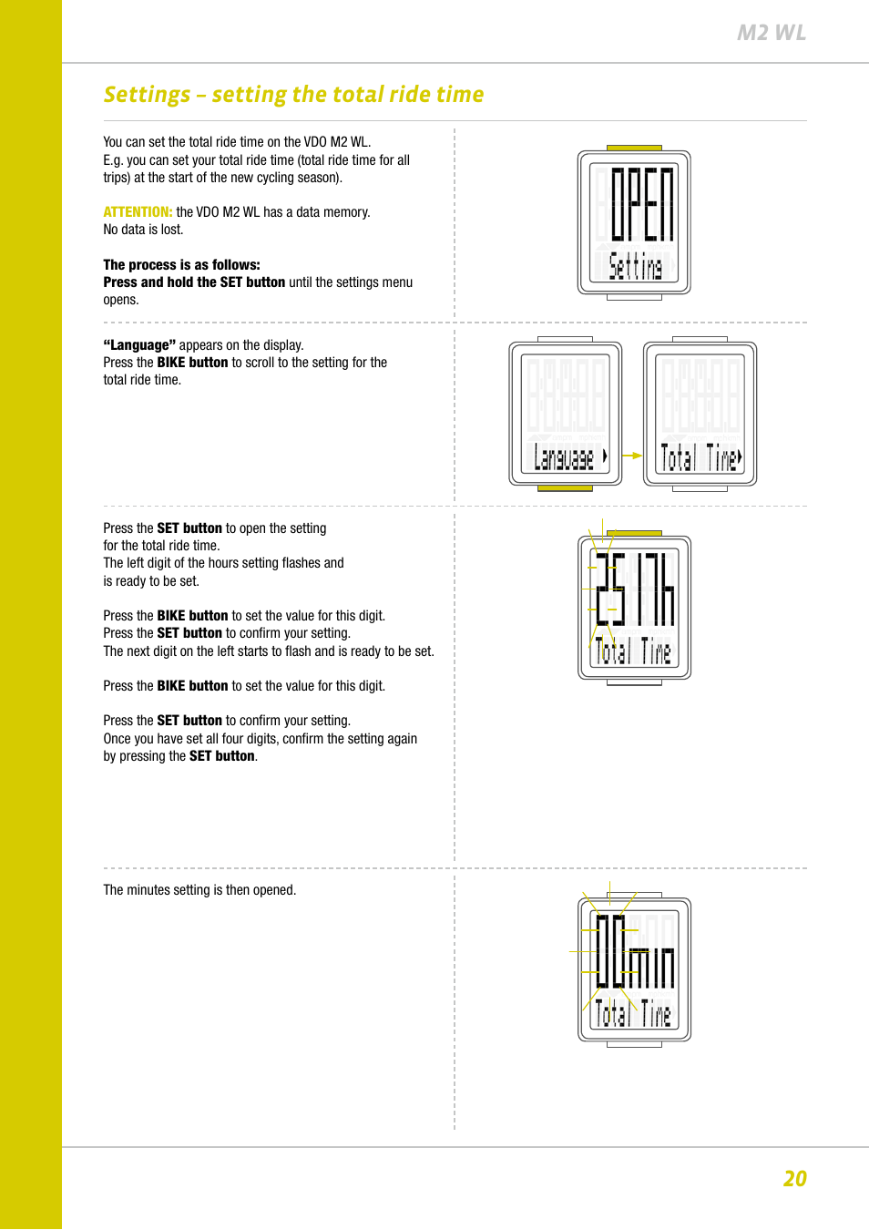 20 m2 wl, Settings – setting the total ride time | VDO M2WL User Manual | Page 20 / 28