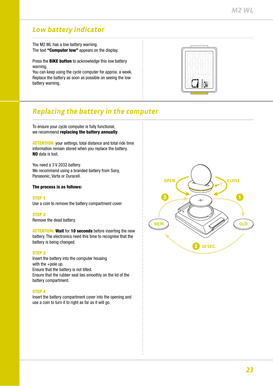 23 m2 wl, Low battery indicator, Replacing the battery in the computer | VDO M2WL User Manual | Page 23 / 28