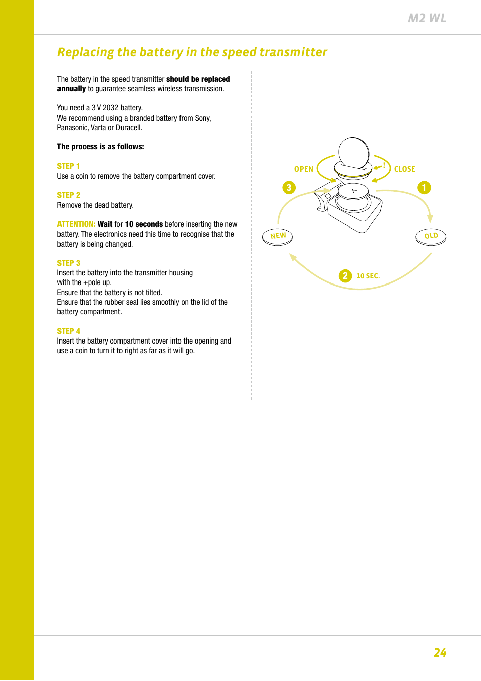 24 m2 wl, Replacing the battery in the speed transmitter | VDO M2WL User Manual | Page 24 / 28