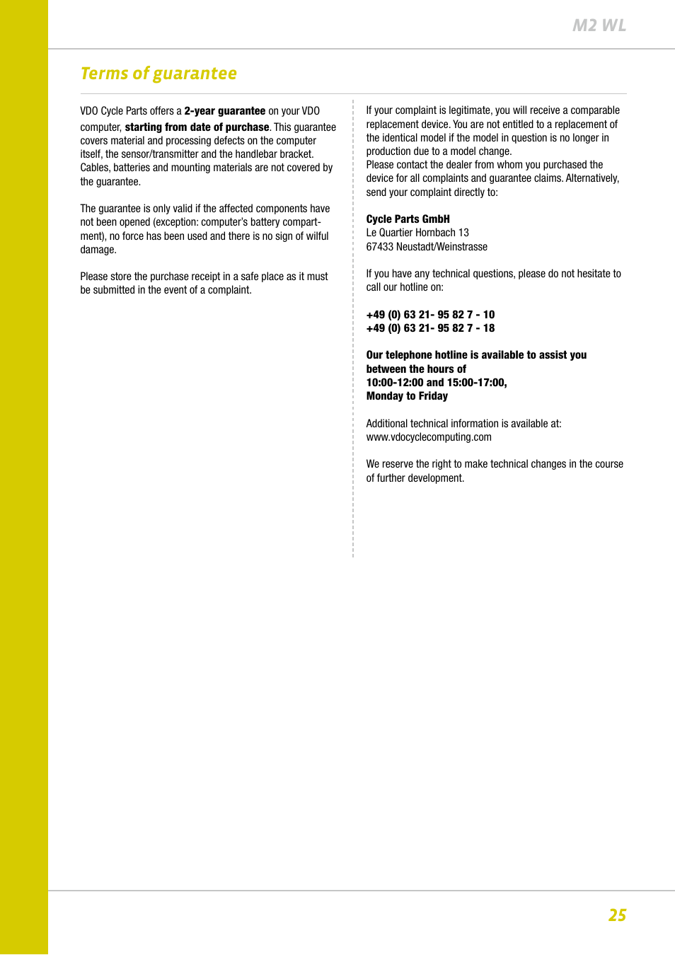 25 m2 wl terms of guarantee | VDO M2WL User Manual | Page 25 / 28